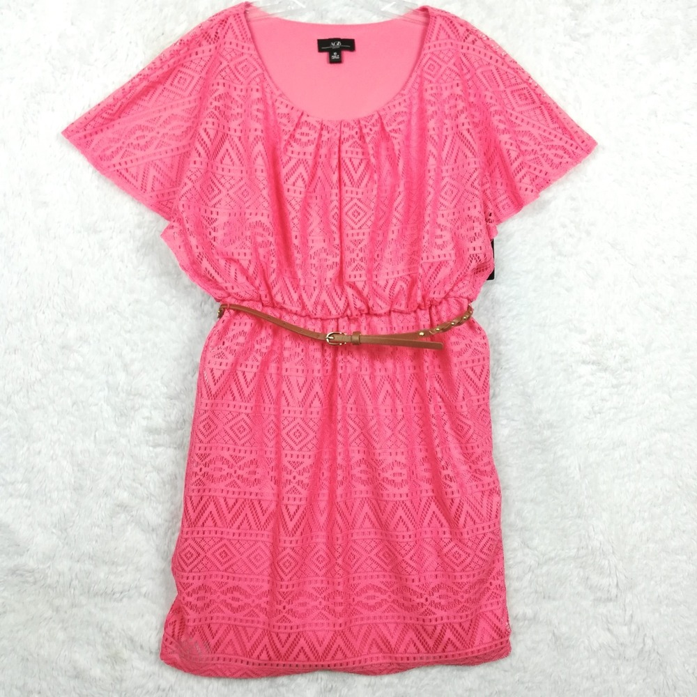 AGB Womens Shift Dress Lace Coral Pink Belted Batwing Geometric 10 New